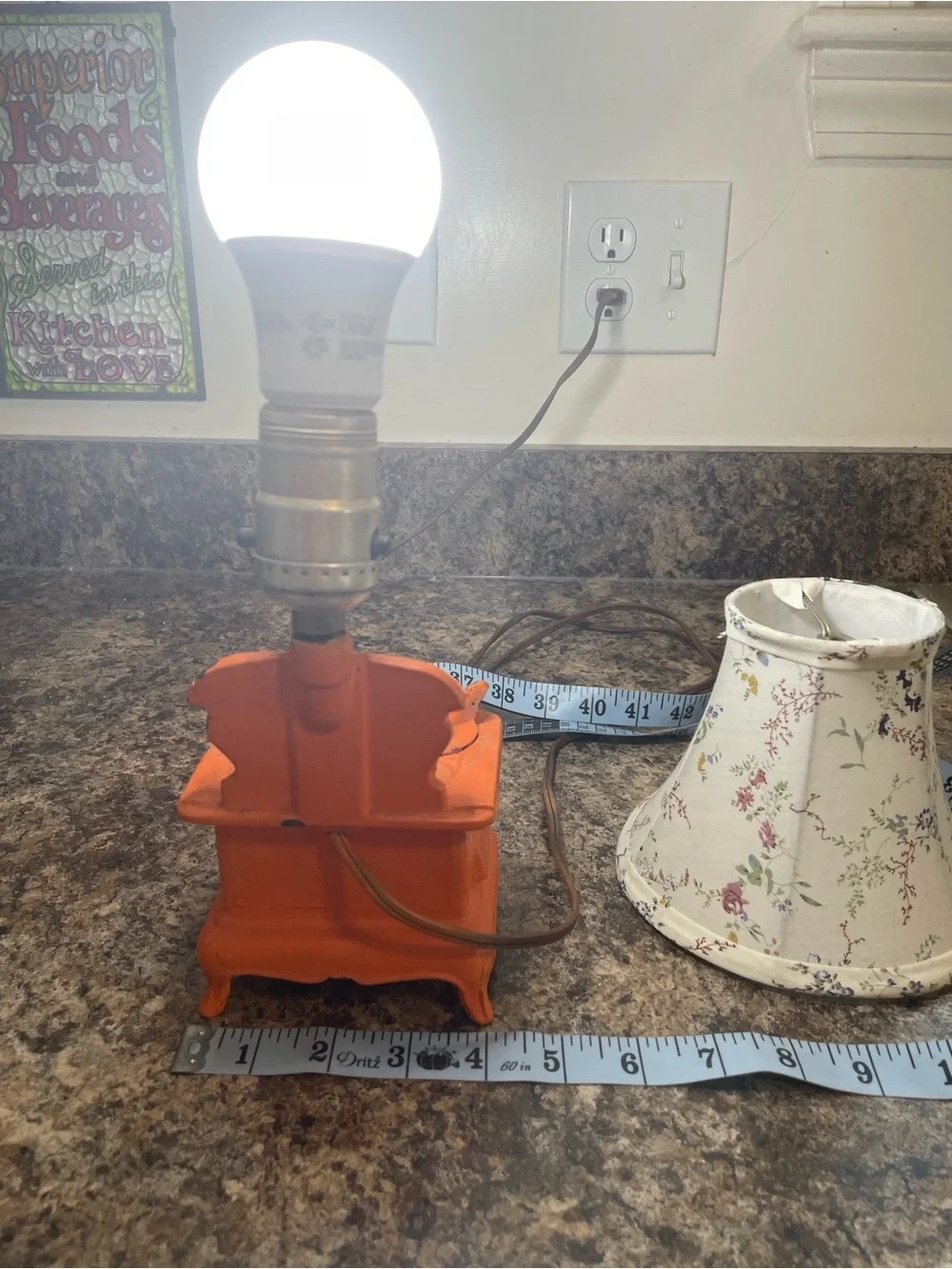 ACME Orange Mini Cast Iron Stove Lantern Vtg Salesmen Sample Floral Fabric Shade